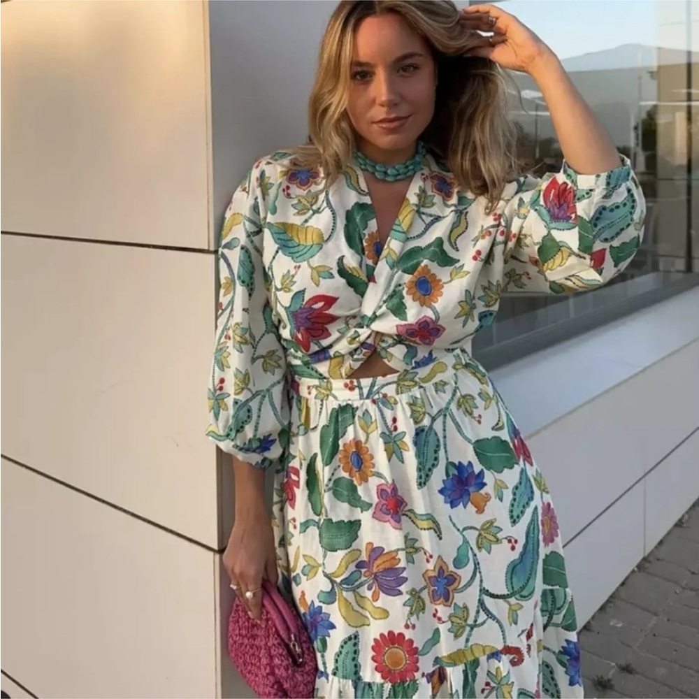 PRINTED LINEN BLEND KNOTTED DRESS - Picture 6 of 16
